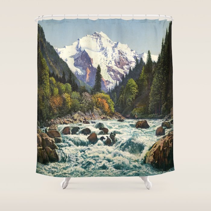 Mountains Forest Rocky River Shower Curtain by PureVintageLove Society6