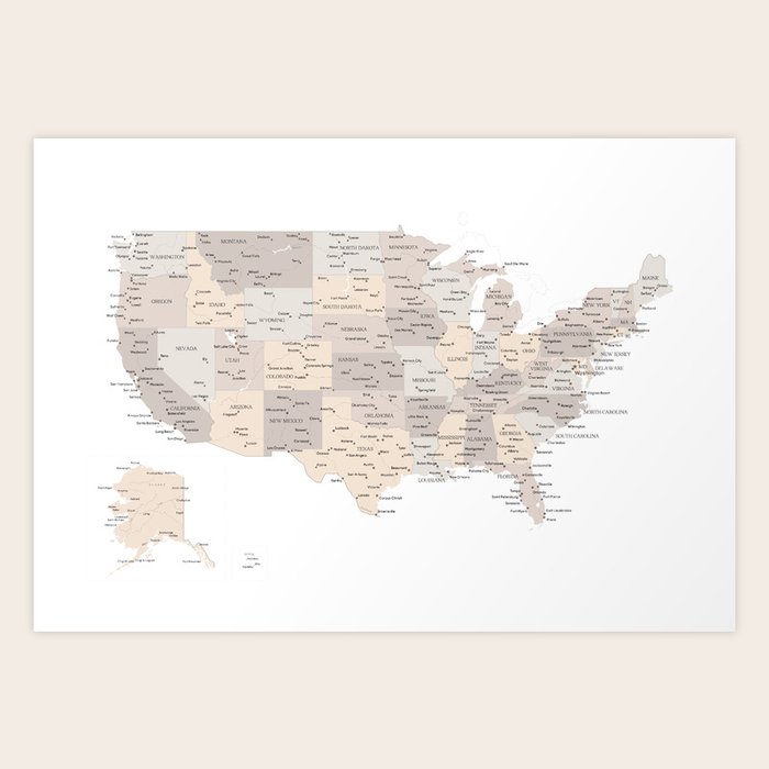 Brown USA map with states and cities Art Print by blursbyaiShop | Society6