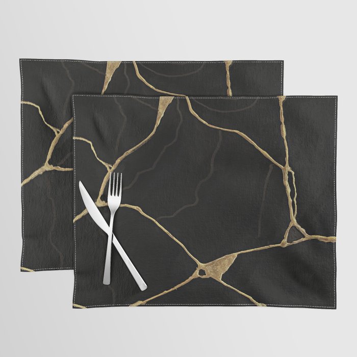 Black Kintsugi Japanese Broken Art, Japandi Style, Gold Cracks Placemat