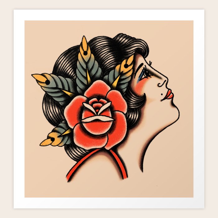 American traditional lady head Art Print by American traditional tattoo Society6