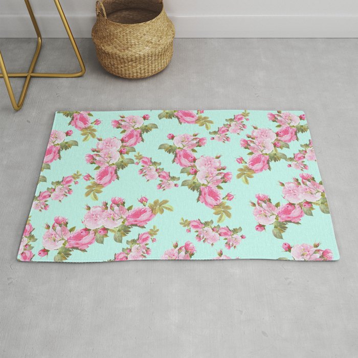 Pink & Mint Green Floral Rug by lilkiddies | Society6