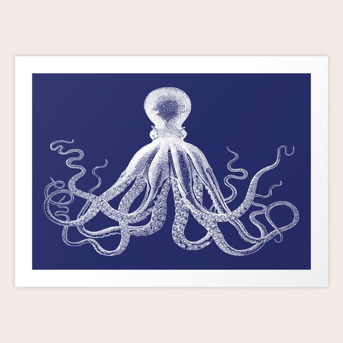 Octopus Vintage Octopus Tentacles Navy Blue and White Art Print