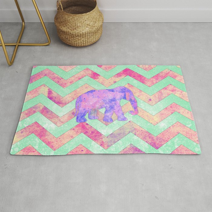 Whimsical Purple Elephant Mint Green Pink Chevron Rug by Girly Trend by