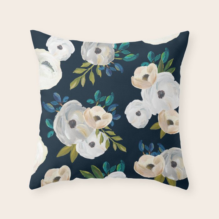 Midnight Florals Blue & Cream Throw Pillow by Union Shore Society6