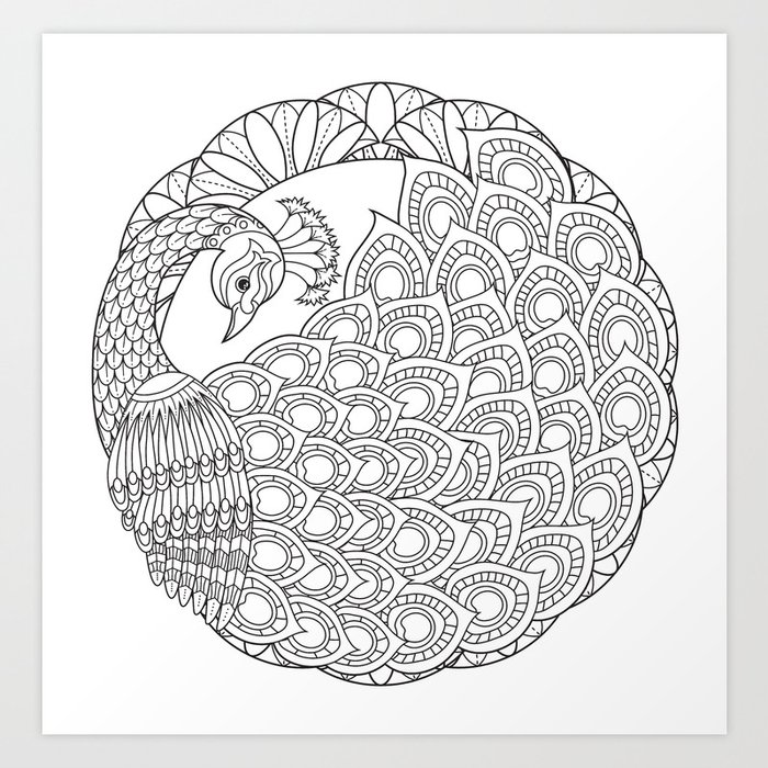Peacock Mandala Art Color Your Own Art Print by Wendy Piersall Art