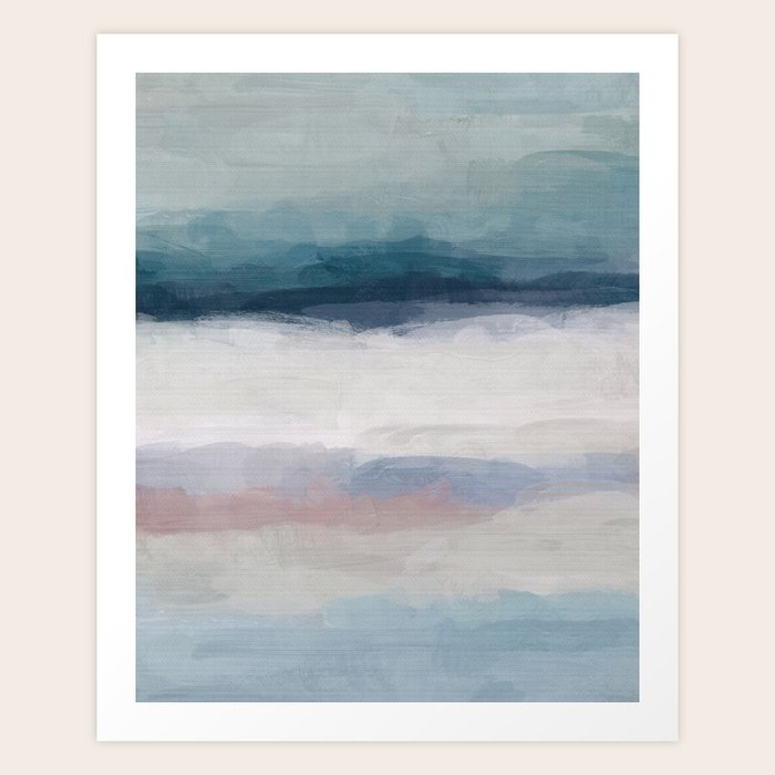 Dark Teal Blue, White, Pink, Light Blue Modern Wall Art, Ocean Waves