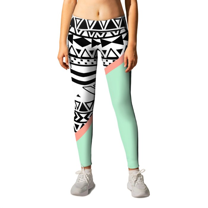 Block Black White Aztec Pattern Mint Green Color Block Leggings by Girly Trend by Audrey