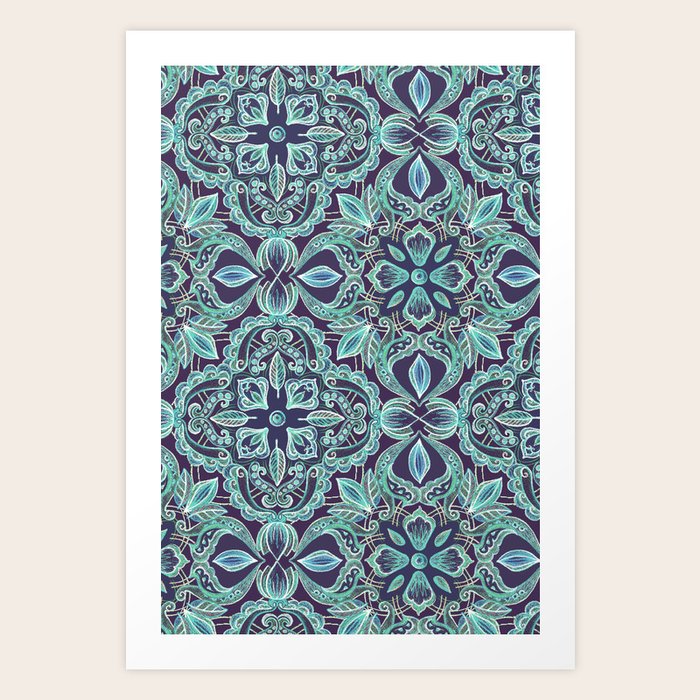 Chalkboard Floral Pattern in Teal & Navy Art Print by micklyn Society6