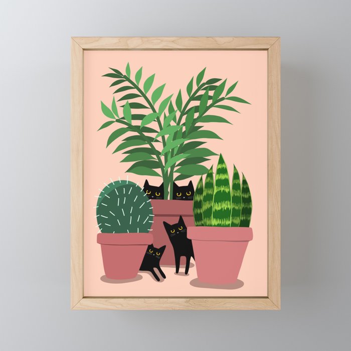 Black Cats & Potted Plants Framed Mini Art Print