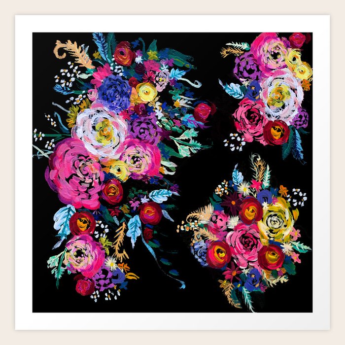 Colorful Floral Painting on Black Canvas. Art Print by The Artwerks