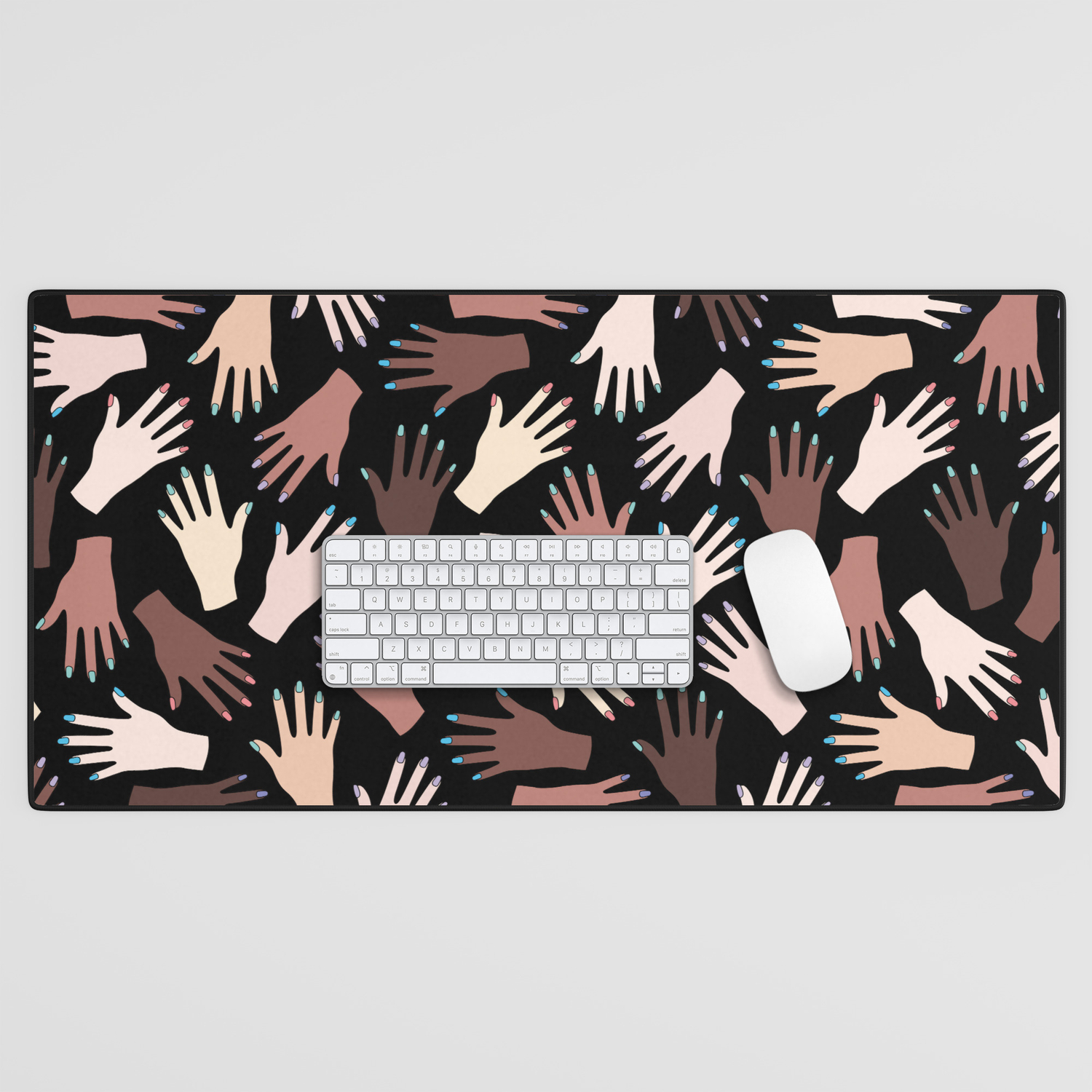 Nail Expert Studio - Colorful Manicured Hands Pattern on Black Background  Desk Mat by XOOXOO | Society6