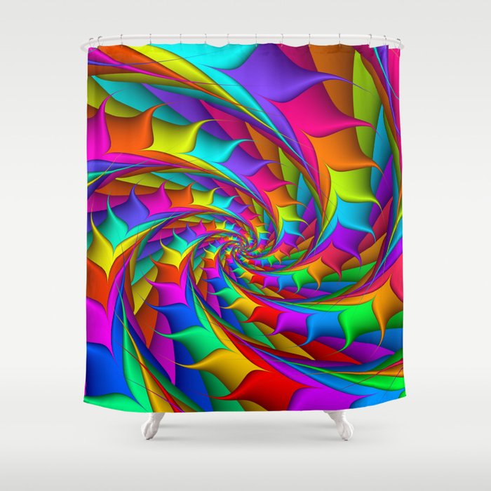 Psychedelic Rainbow Spiral Shower Curtain by KittyBitty | Society6