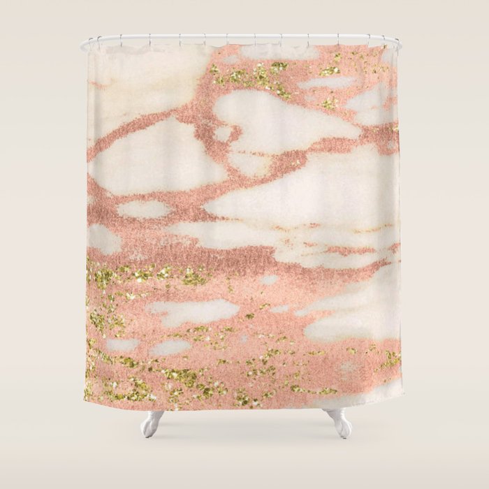 Marble Rose Gold Shimmer Marble with Yellow Gold Glitter Shower Curtain by Nature Magick