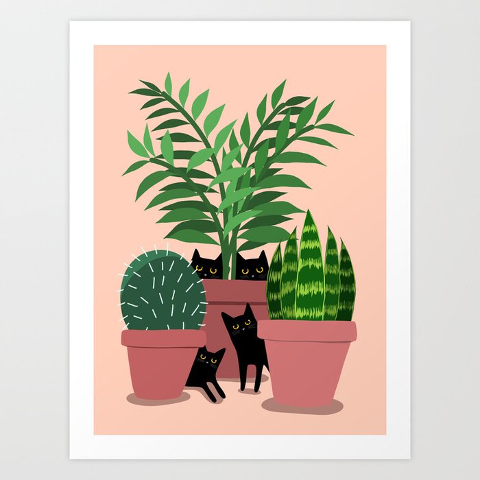 Black Cats & Potted Plants Art Print