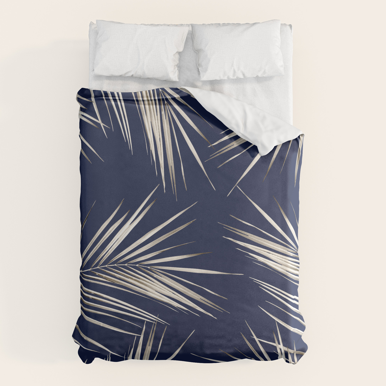 pic Navy Palm Bedding white gold palm leaves on navy blue duvet cover by followmeinstead