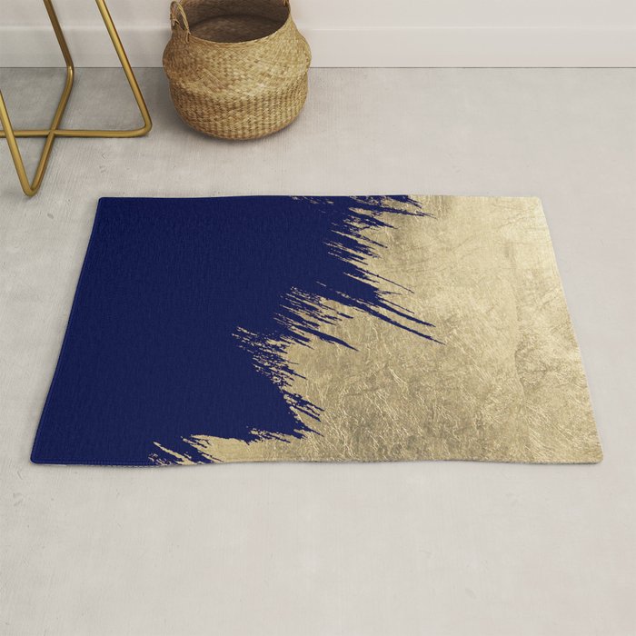 Navy blue abstract faux gold brushstrokes Rug by pink_water Society6
