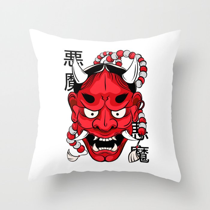 Japanese Samurai Hannya Demon Mask Kanji Letters Throw Pillow by Franco Magno Society6