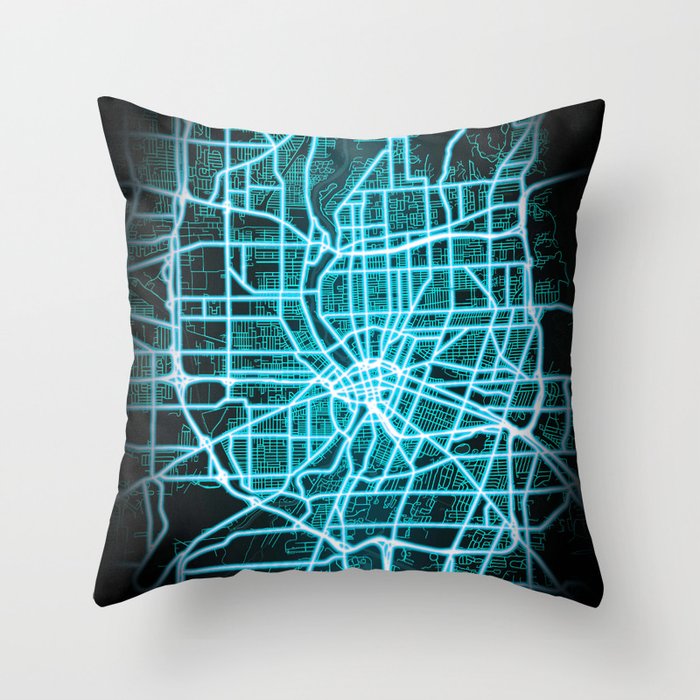 Rochester, NY, USA, Blue, White, Neon, Glow, City, Map Throw Pillow by