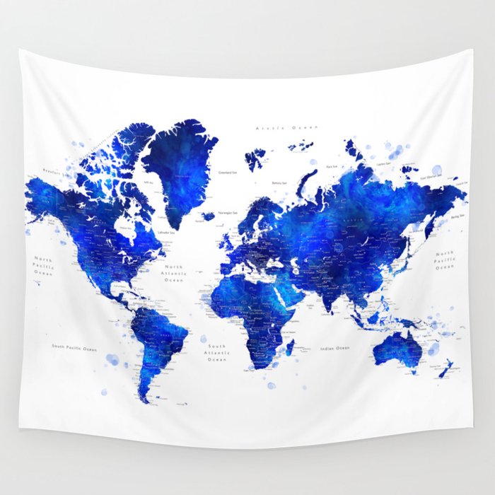 Navy blue and cobalt blue watercolor world map with cities labelled ...