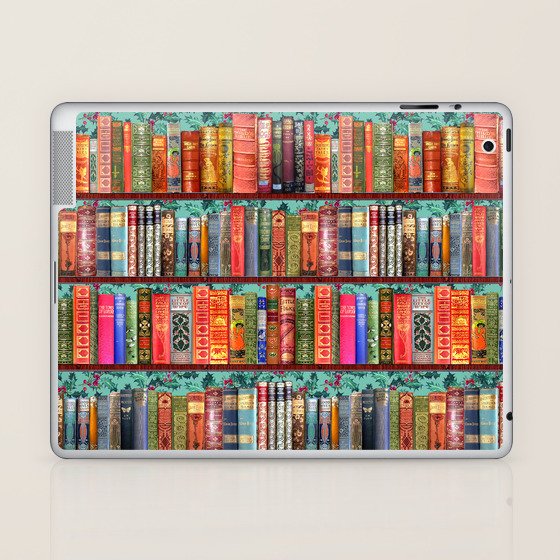 vintage books christmas bookshelf holly wallpaper holidays holly bookworm bibliophile laptop ipad skin by magentarose