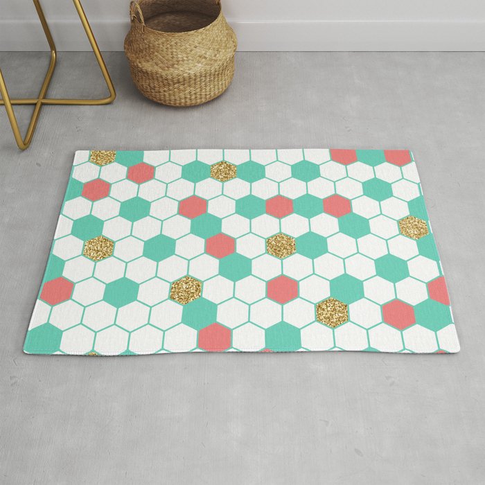 Mint Coral Gold Glitter Honeycomb Scatter Rug by Heather Doucette ...