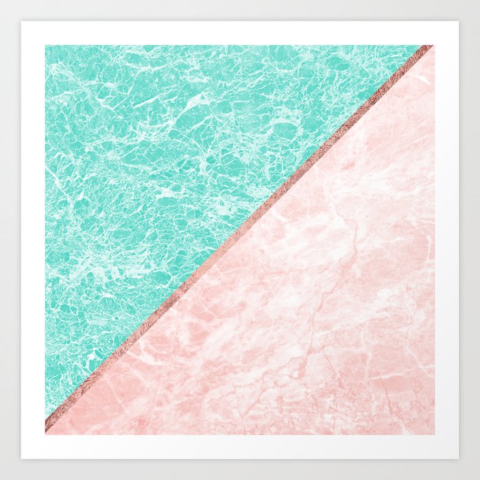 Turquoise teal pink rose gold geometrical marble Art Print by Pink
