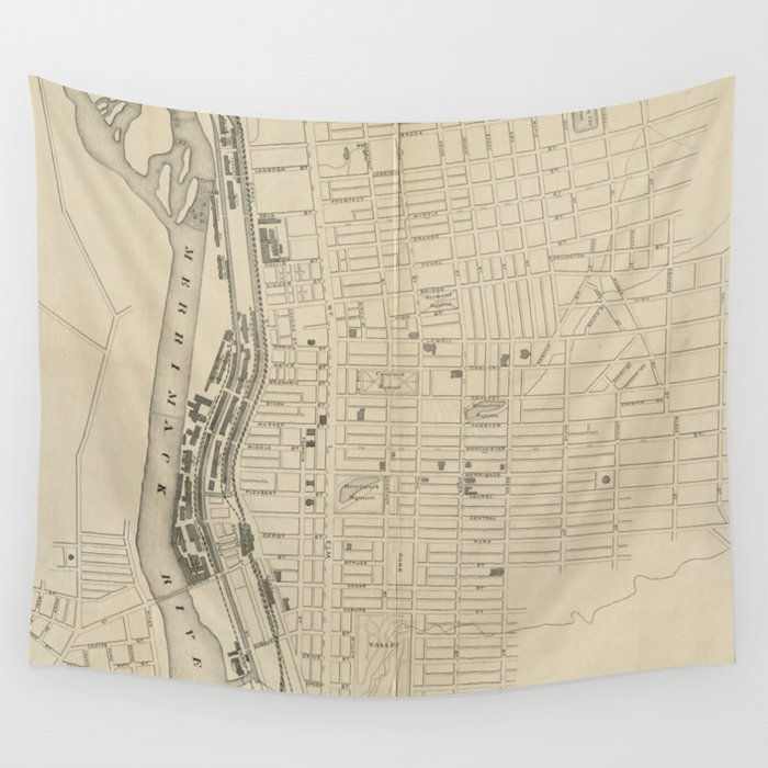 Vintage Map of Manchester NH (1872) Wall Tapestry by BravuraMedia 