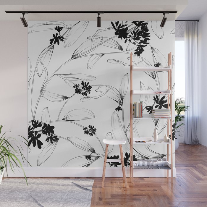 Black and white flower plant pattern Wall Mural by hexdecor Society6