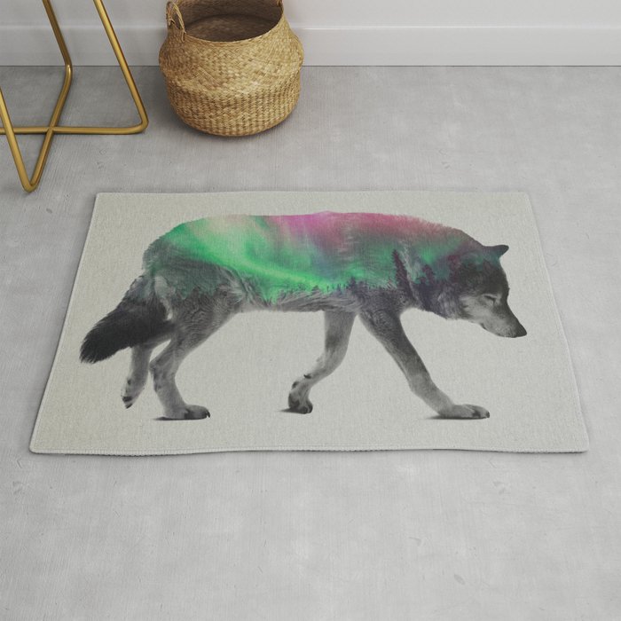Wolf In The Aurora Borealis Rug by Andreas Lie | Society6