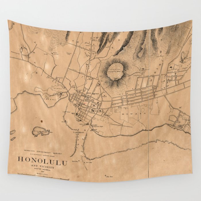 Vintage Map of Honolulu Hawaii (1887) Wall Tapestry by BravuraMedia 