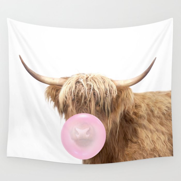Highland Cow Blowing Bubble Gum by Zouzounio Art Wall Tapestry by