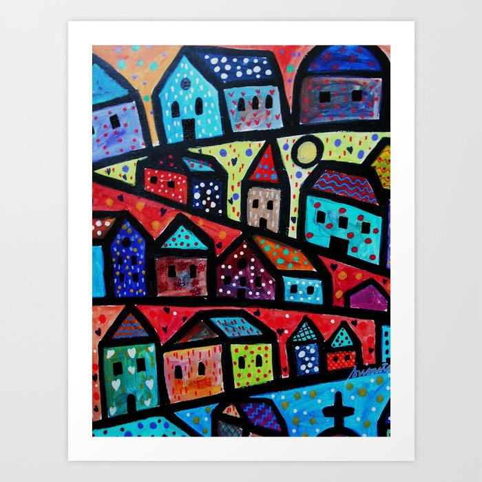 Mexican Folk Art Town Houses Painting Art Print By Prisarts Society6   Mexican Folk Art Town Houses Painting Prints 