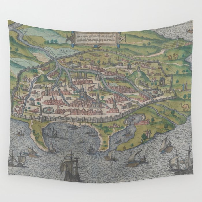 Vintage Pictorial Map of Alexandria Egypt (1575) Wall Tapestry by 