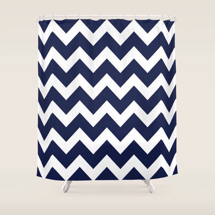 Navy Blue Chevron Zigzag Minimal Line Drawing Shower Curtain by