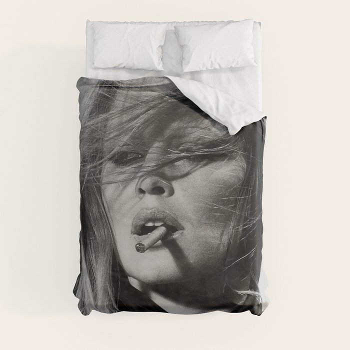 Brigitte Bardot Smoking a Cigarette, Black and White Photograph Duvet