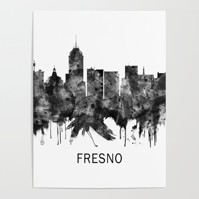Fresno California Skyline BW Poster by NextWay Art Society6