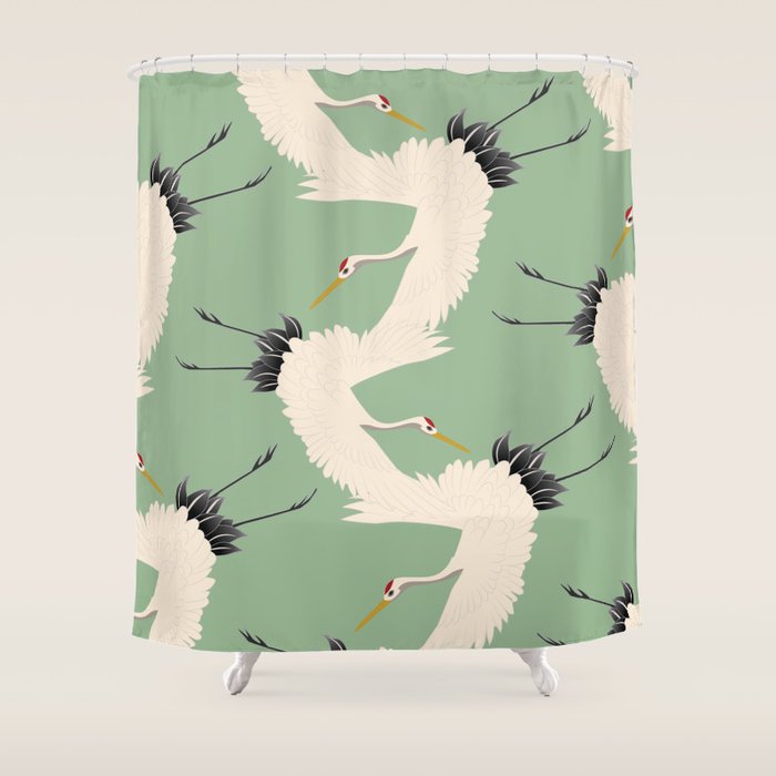 Japanese Cranes on Sage Green Background Shower Curtain by EyesofStyle