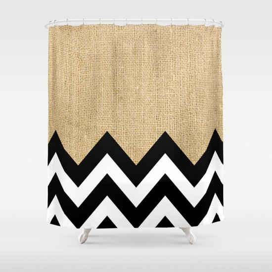 Burlap and Black Chevron Shower Curtain