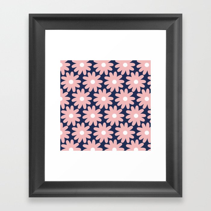 Crayon Flowers Floral Pattern in Pink and White on Navy Blue Framed Art Print by Kierkegaard